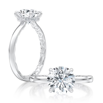 Four Claw Prongs Solitaire Round Diamond Center Engagement Ring with A.JAFFE Quilts™Interior