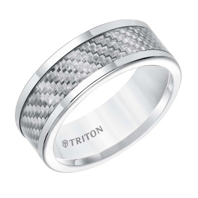 Tungsten Carbide 8MM Comfort Fit White With Silver Carbideon Fiber Center Band -Sz 10