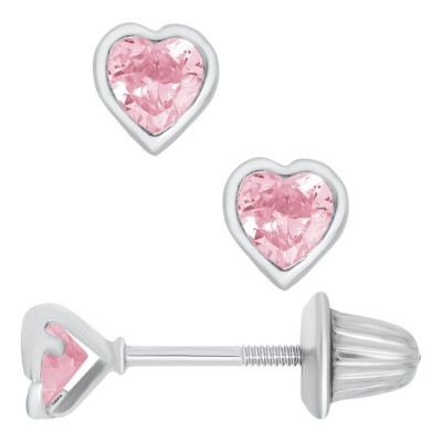 SS KK 4X4 PINK CZ HEART STUD EARRINGS