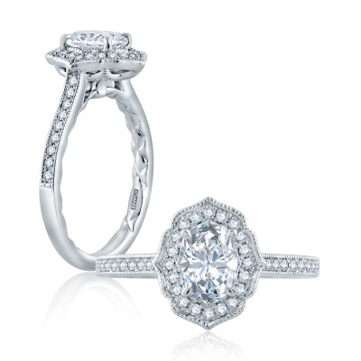 Floral Inspired Milgrain Halo Oval Diamond Engagement Ring