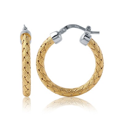 Sterling Silver Woven Milan 25Mm Hoope Earrings W/18Kyg/Rhodium Finish