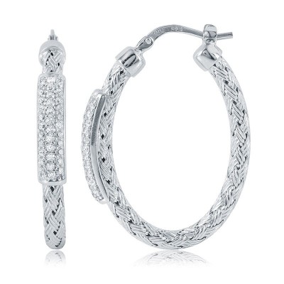 Sterling Silver "Nardini" 35X3Mm Cz Bar Hoop Earrings Rhodium Finish