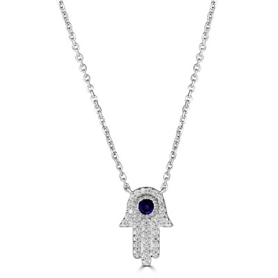 Sachs Signature 14KW .10Ctw Round G-H/SI Diamond W/Saph Hamsa Necklace