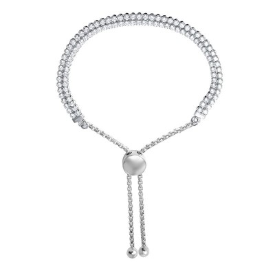 Sterling Silver Cz Tennis Double Row Bolo Bracelet With Rhodium Finish