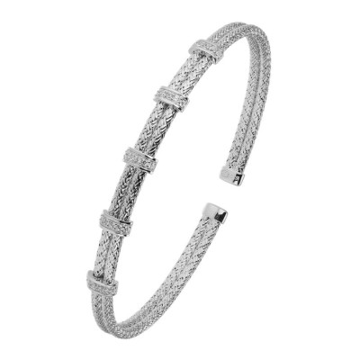 Sterling Silver Double Mesh Cuff With CZ, Rhodium Finish