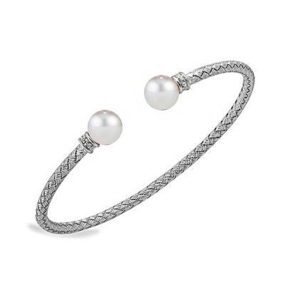 Sterling Silver Freshwater Pearl Mesh Cuff With CZ, Rhodium Finish