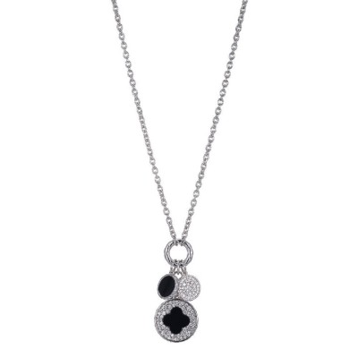 Sterling Silver Cable Chain And Black Onyx Necklace With CZ, Rhodium Finish