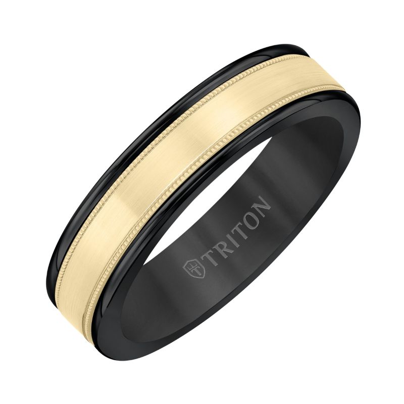 Triton Black Tungsten(Primary) Band With 14Ky Insert Flat Milgrain Band - Sz 10