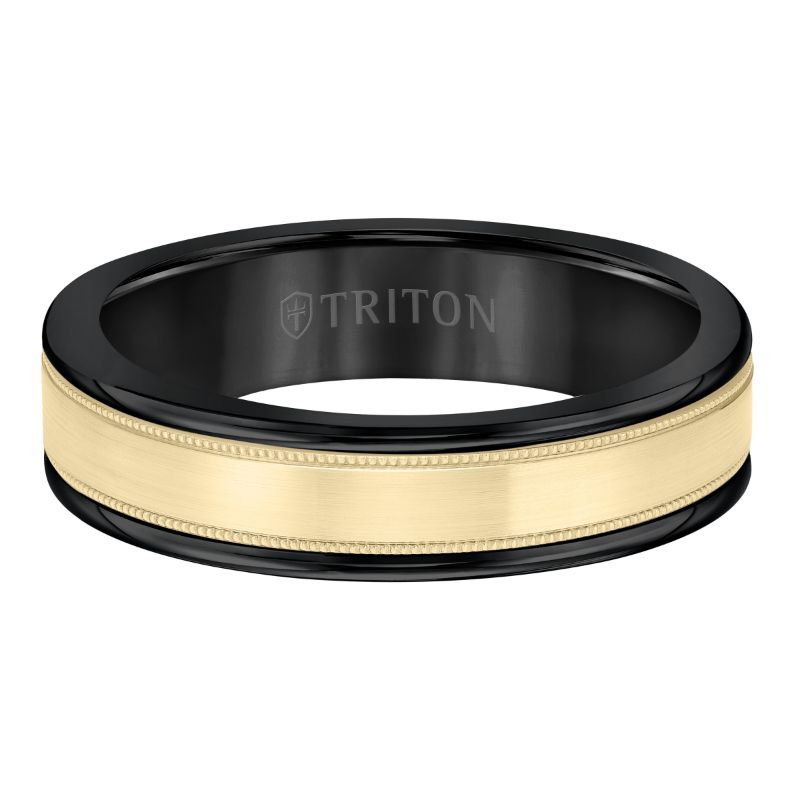 Triton  Black Tungsten(Primary) Band With 14Ky Insert Flat Milgrain Band - Sz 10