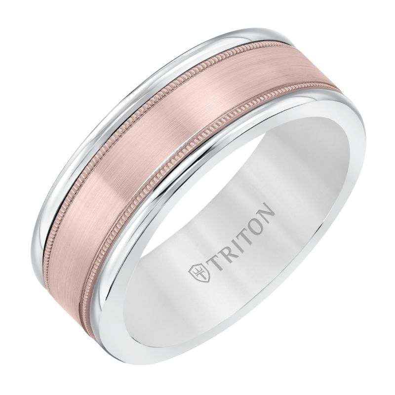 Triton White Tungsten Carbide(Primary) Band With 14Krg Insert - Flat Milgrain - Sz 10