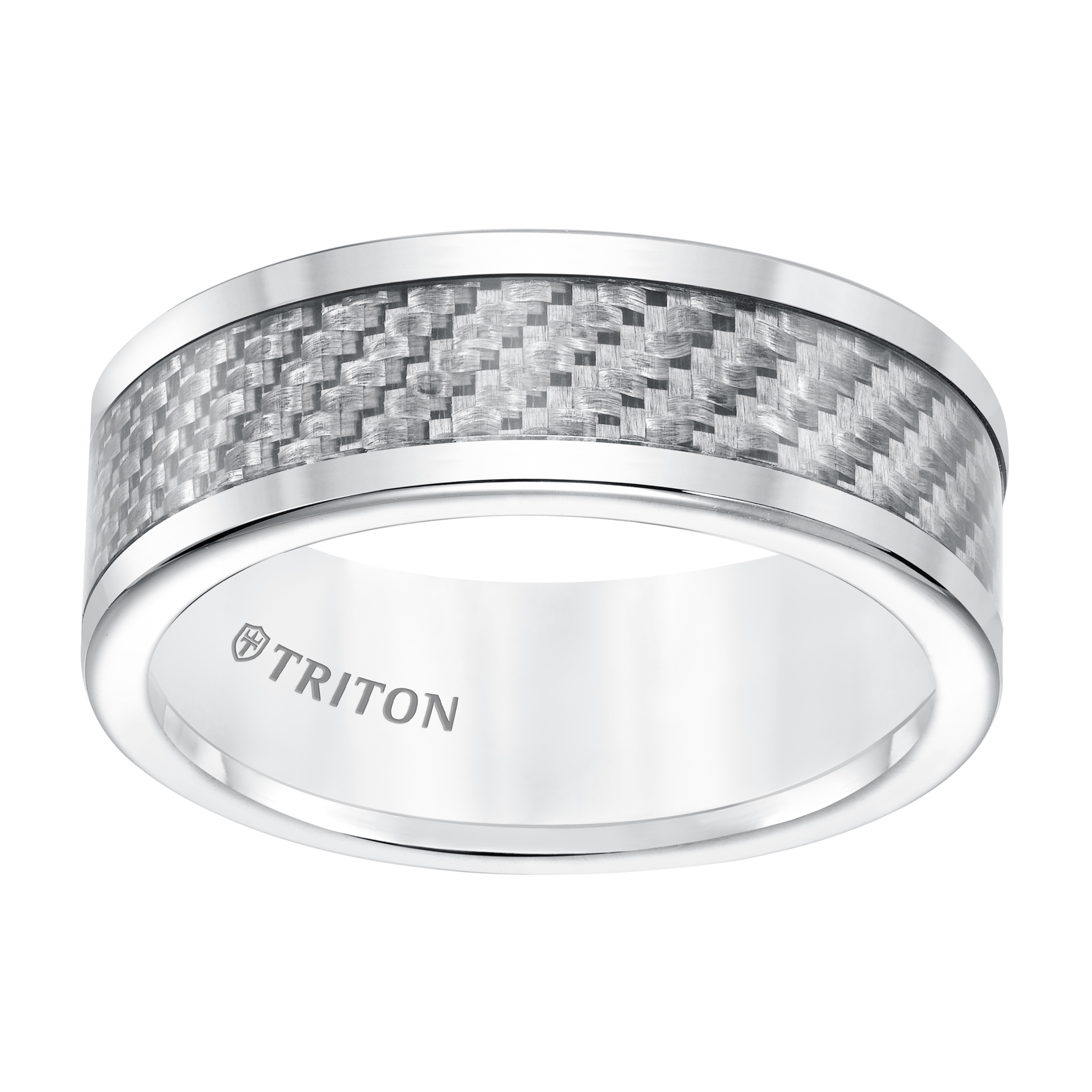 Tungsten Carbide 8MM Comfort Fit White With Silver Carbideon Fiber Center Band -Sz 10