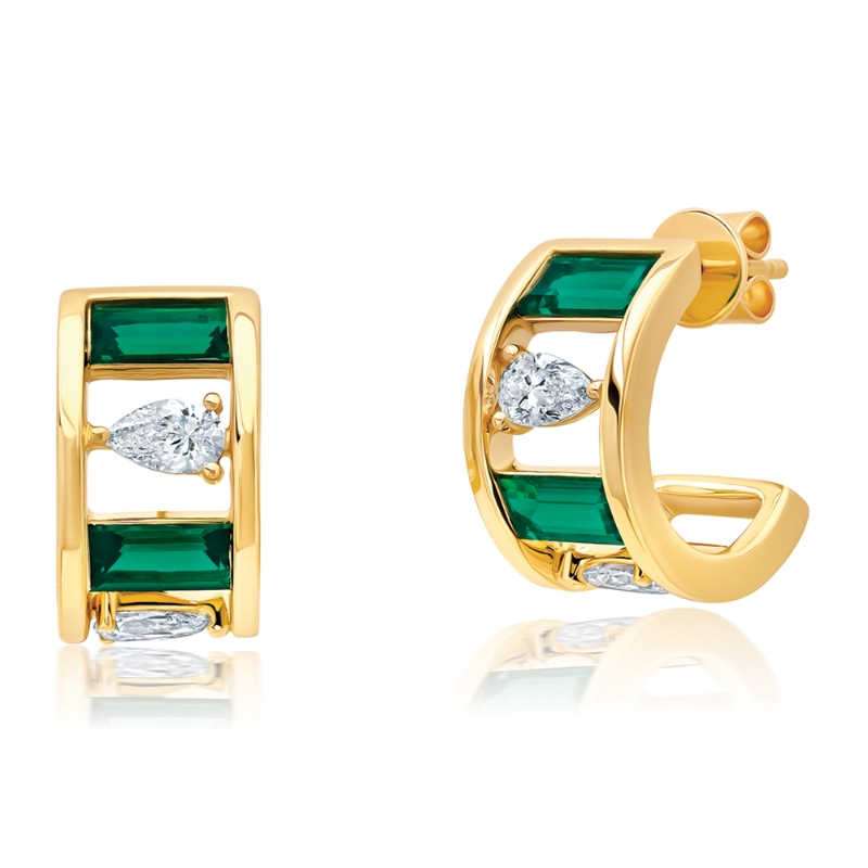 Lab-Grown Emerald & Diamond Huggie Earrings