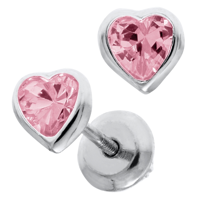 SS KK 4X4 PINK CZ HEART STUD EARRINGS