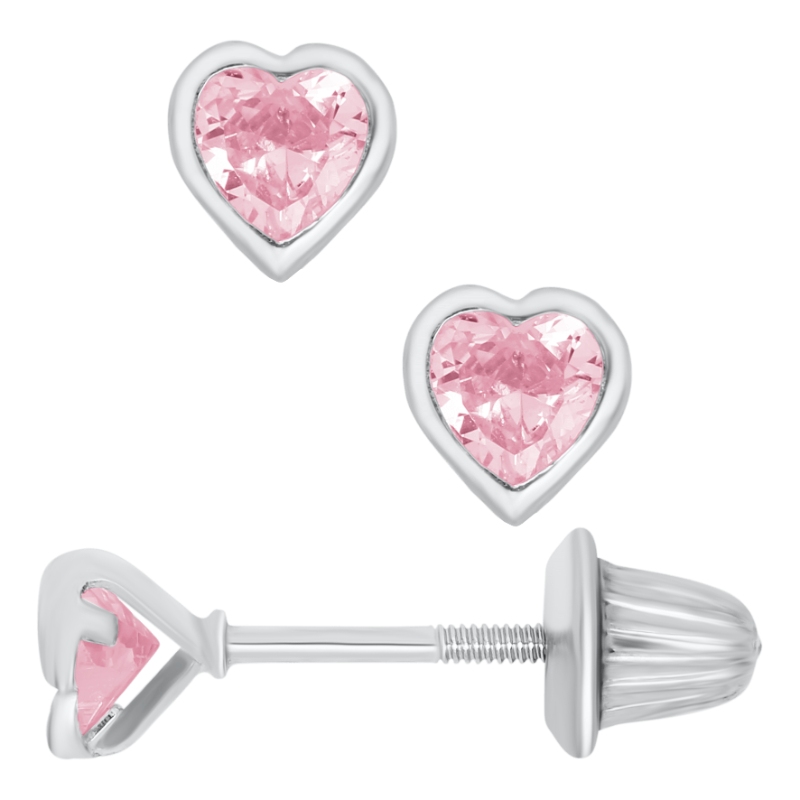 SS KK 4X4 PINK CZ HEART STUD EARRINGS