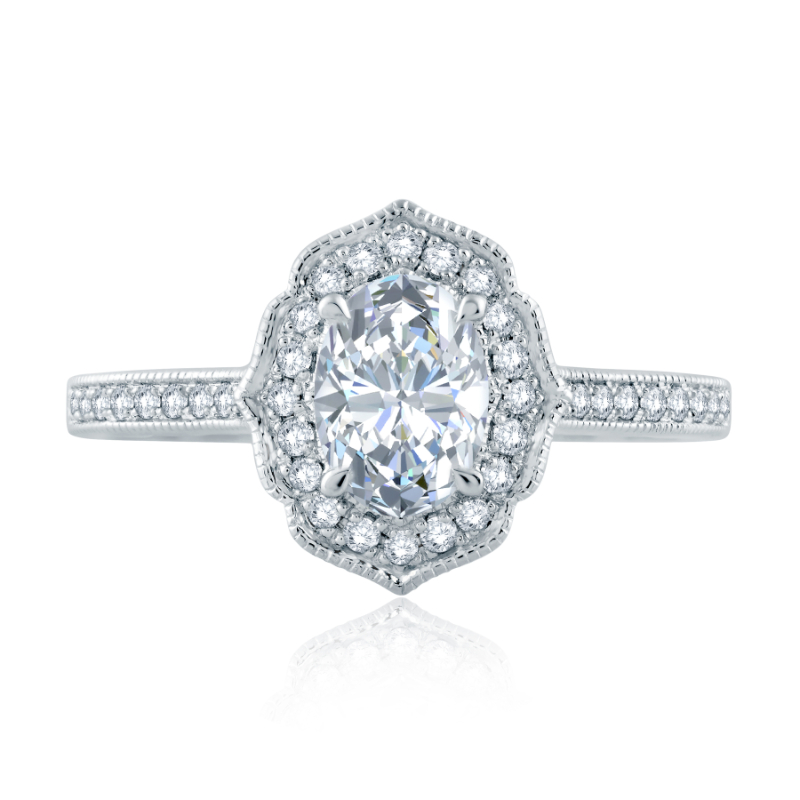 Floral Inspired Milgrain Halo Oval Diamond Engagement Ring