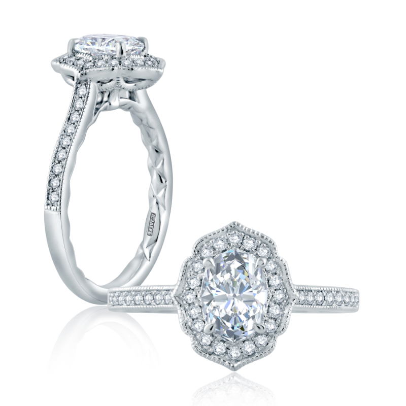 Floral Inspired Milgrain Halo Oval Diamond Engagement Ring