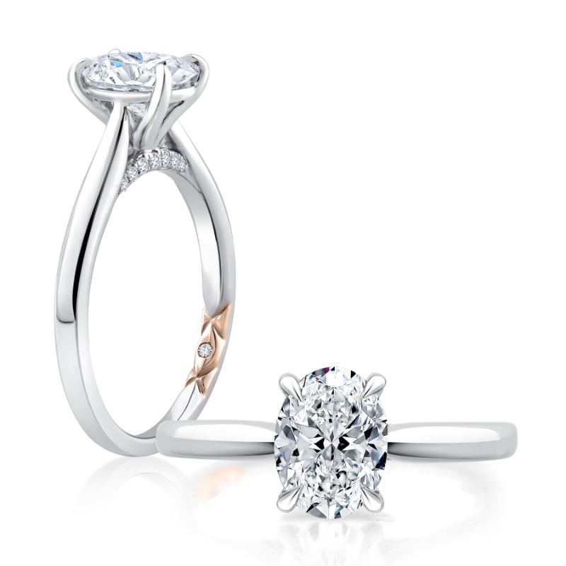 Oval Solitaire Four-Prong Pav&eacute; Diamond Engagement Ring