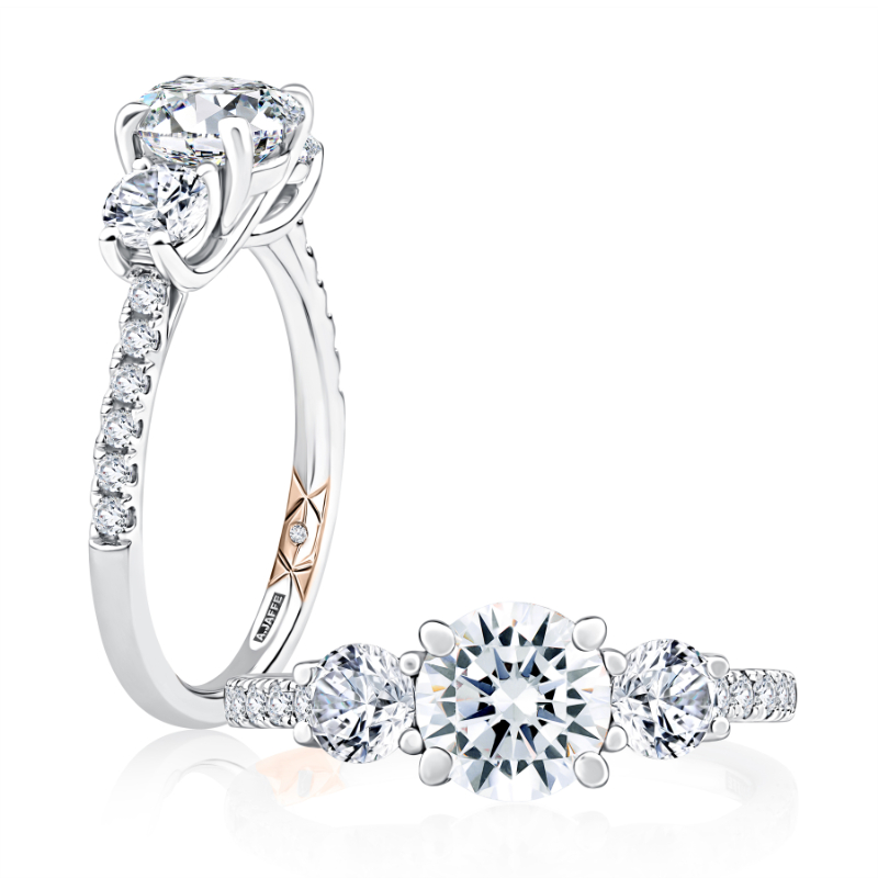 Round Three-Stone Trellis Pav&eacute; Diamond Engagement Ring