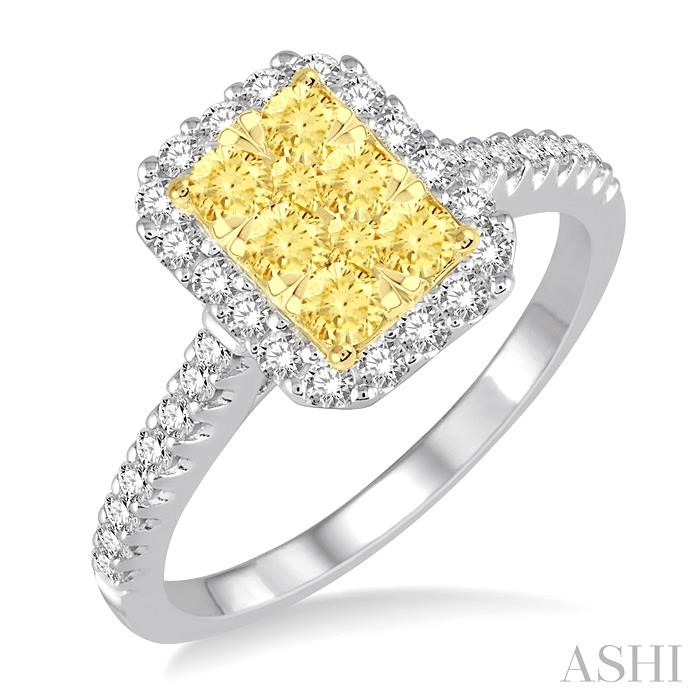 EMERALD SHAPE HALO LOVEBRIGHT YELLOW DIAMOND RING