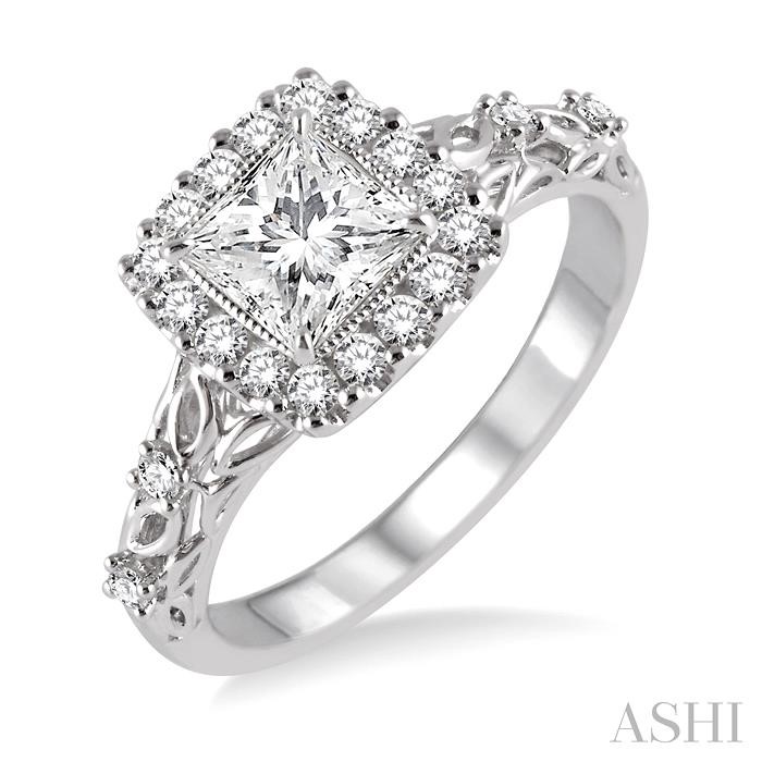 PRINCESS SHAPE SEMI-MOUNT HALO DIAMOND ENGAGEMENT RING