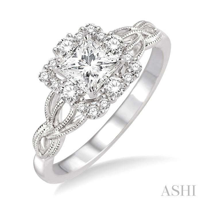 PRINCESS SHAPE SEMI-MOUNT HALO DIAMOND ENGAGEMENT RING