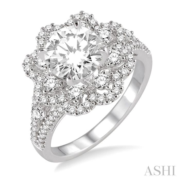 ROUND SHAPE SEMI-MOUNT HALO DIAMOND FLOWER ENGAGEMENT RING