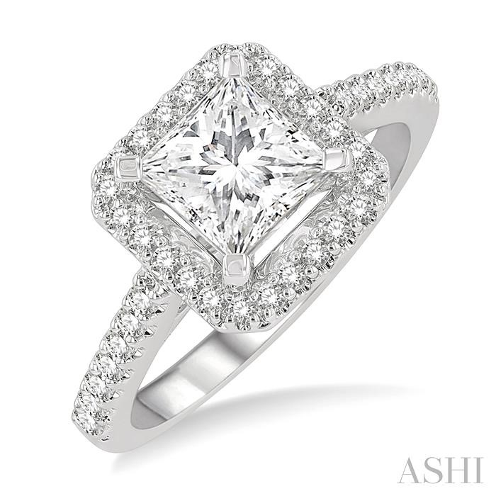 PRINCESS SHAPE SEMI-MOUNT HALO DIAMOND ENGAGEMENT RING