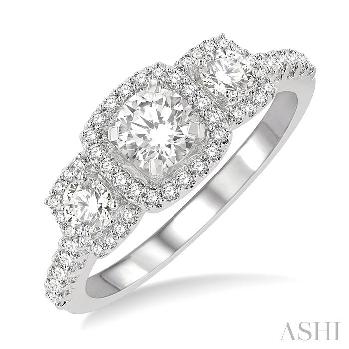 ROUND SHAPE PAST PRESENT & FUTURE SEMI-MOUNT HALO DIAMOND ENGAGEMENT RING