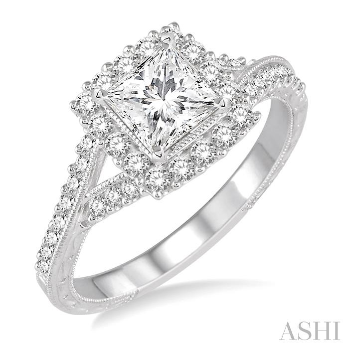 PRINCESS SHAPE SEMI-MOUNT HALO DIAMOND ENGAGEMENT RING