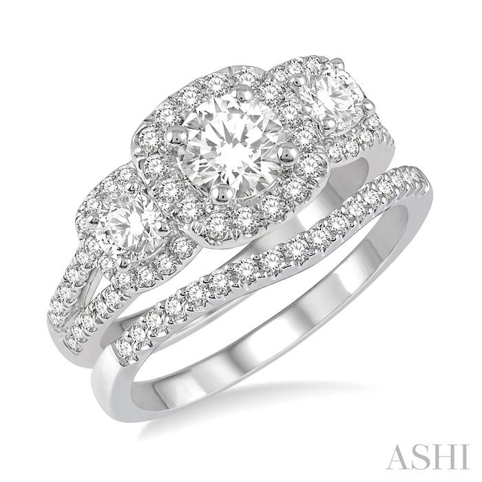 ROUND SHAPE PAST PRESENT & FUTURE HALO DIAMOND WEDDING SET