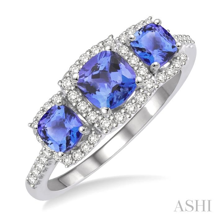 CUSHION SHAPE PAST PRESENT & FUTURE GEMSTONE & HALO DIAMOND RING