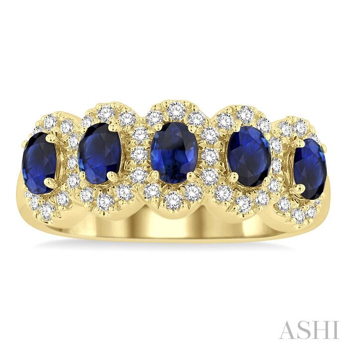 Oval Shape 5 Gemstone & Halo Diamond Wedding Band-2