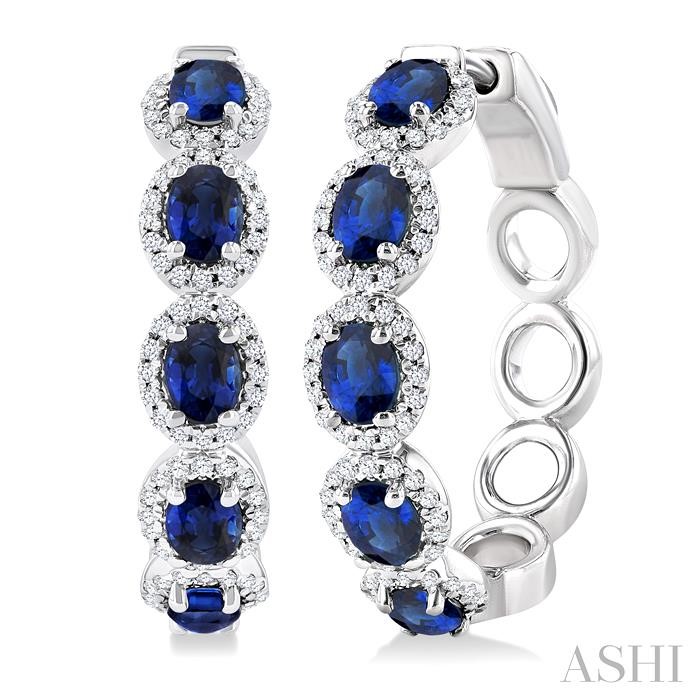 Oval Shape Gemstone & Halo Diamond Hoop Earrings