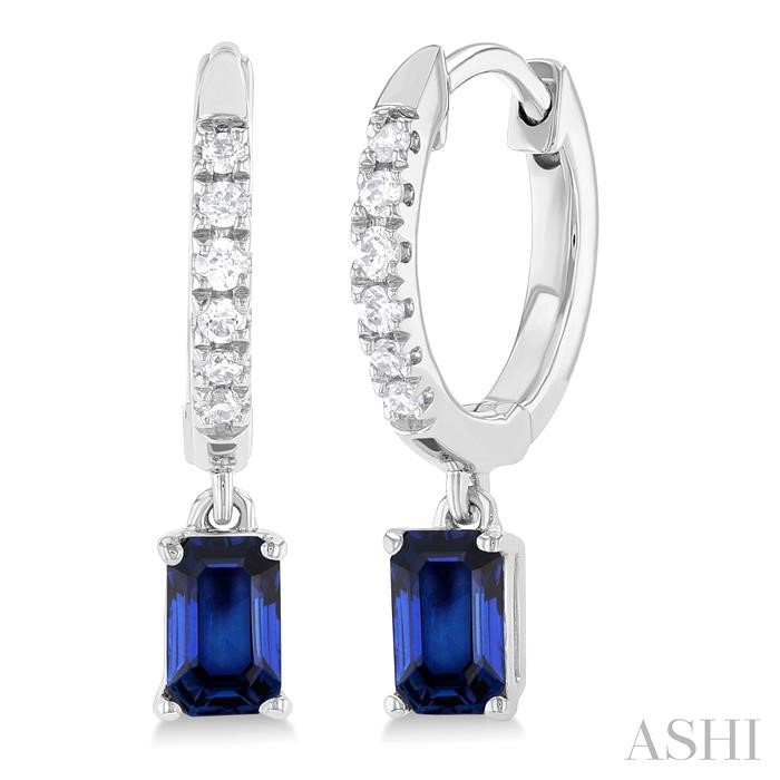 EMERALD SHAPE GEMSTONE & PETITE DIAMOND HUGGIE FASHION EARRINGS