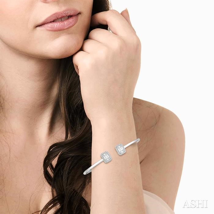 Stackable Emerald Shape Halo Fusion Diamond Open Cuff Bangle-4