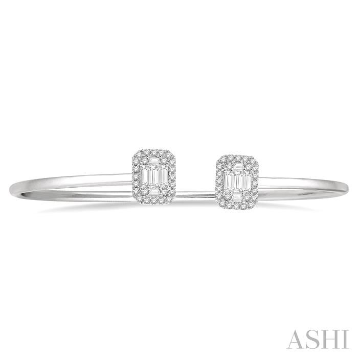 Stackable Emerald Shape Halo Fusion Diamond Open Cuff Bangle-2