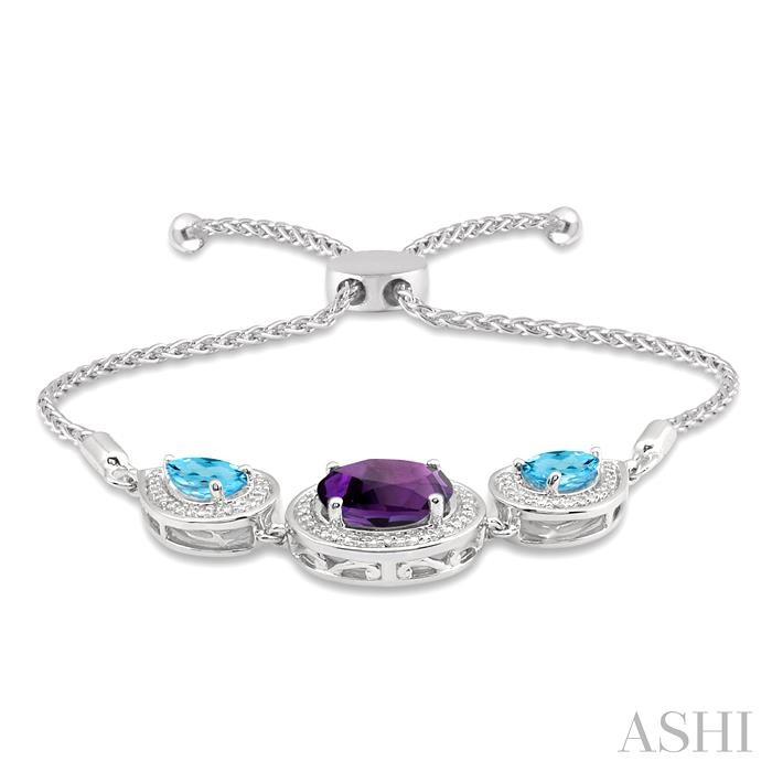 Silver Oval & Pear Shape Gemstone & Halo Diamond Lariat Bracelet-3
