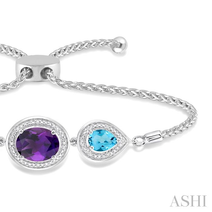 Silver Oval & Pear Shape Gemstone & Halo Diamond Lariat Bracelet-2