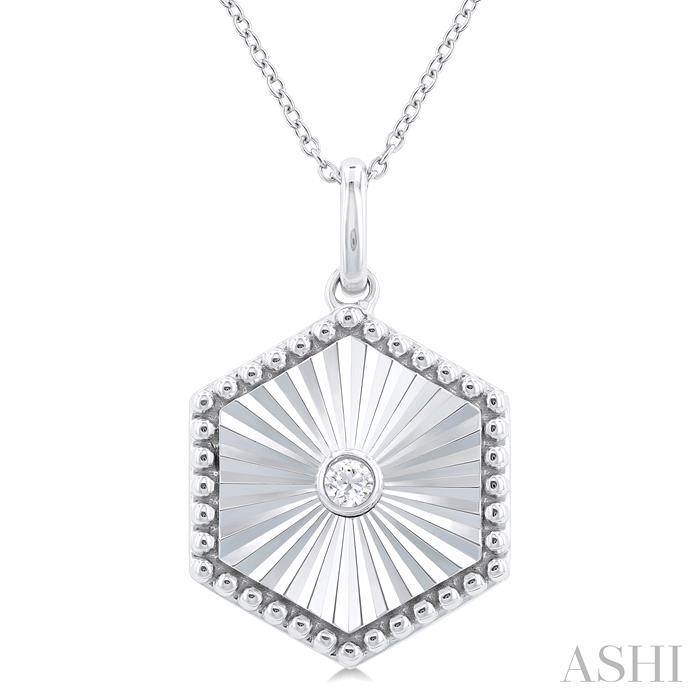 SILVER HEXAGON SHAPE FLUTED MEDALLION DIAMOND PENDANT