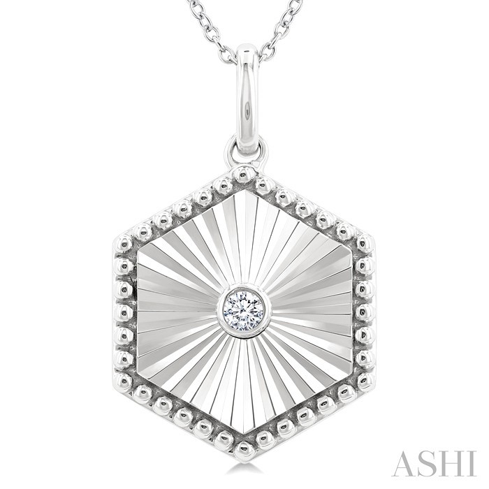 Silver Hexagon Shape Fluted Medallion Diamond Pendant