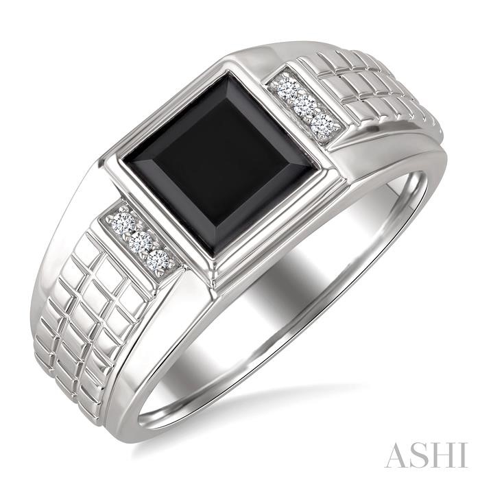 Silver Princess Shape Men's Onyx Diamond Ring