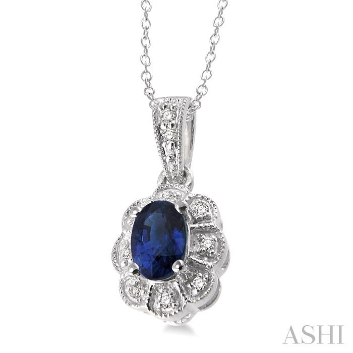 Silver Oval Shape Gemstone & Halo Diamond Pendant-2