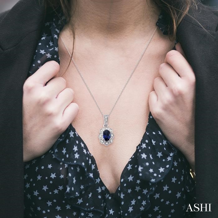 Silver Oval Shape Gemstone & Halo Diamond Pendant-4