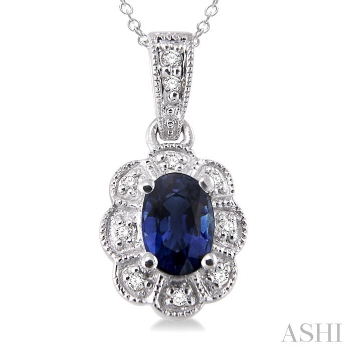 Silver Oval Shape Gemstone & Halo Diamond Pendant-3