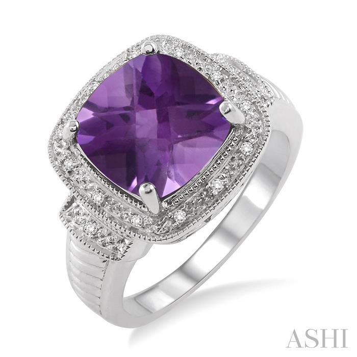 SILVER CUSHION SHAPE GEMSTONE & DIAMOND RING