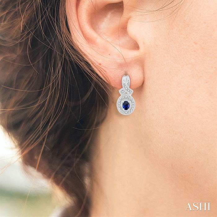 Silver Oval Shape Gemstone & Diamond Earrings-4