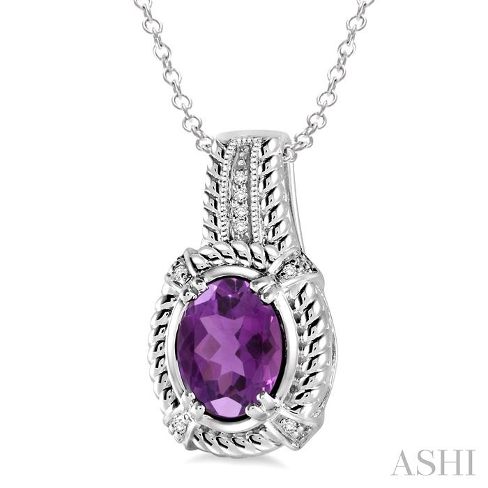 Silver Oval Shape Gemstone & Diamond Pendant-2