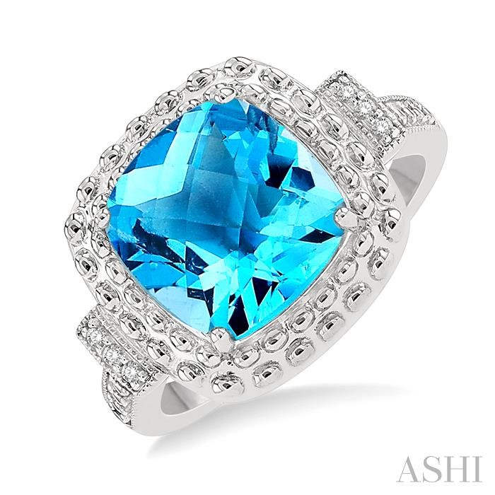 SILVER CUSHION SHAPE GEMSTONE & DIAMOND RING