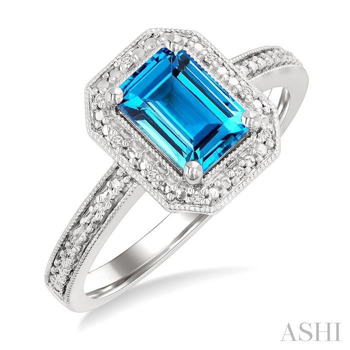 Silver Emerald Shape Gemstone & Diamond Ring