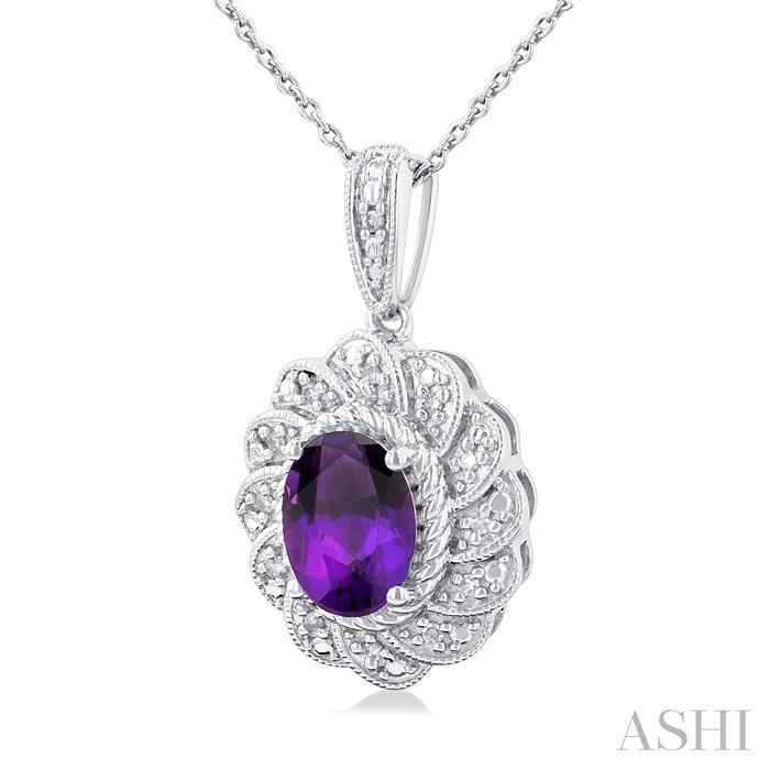 Silver Oval Shape Gemstone & Diamond Pendant-2